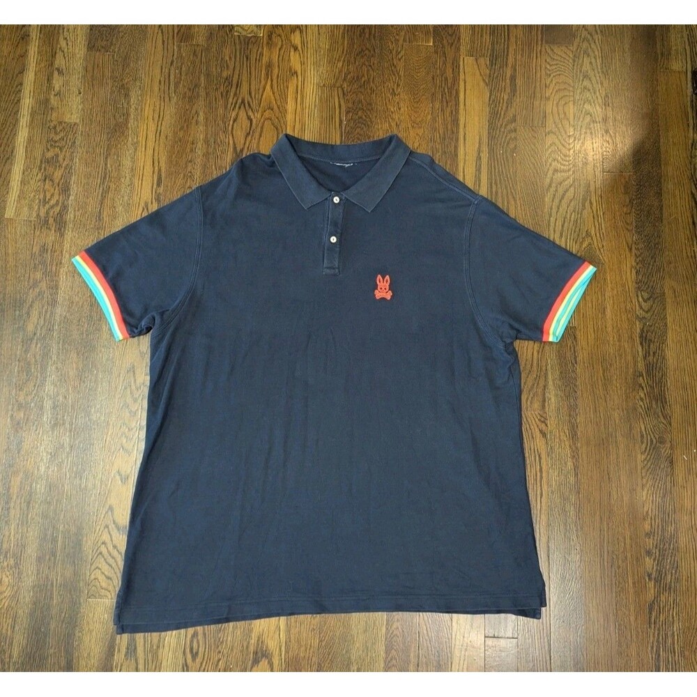 Psycho Bunny Polo Shirt Men's 2XL Navy Blue Colorful Trim Logo 100% Pima Cotton